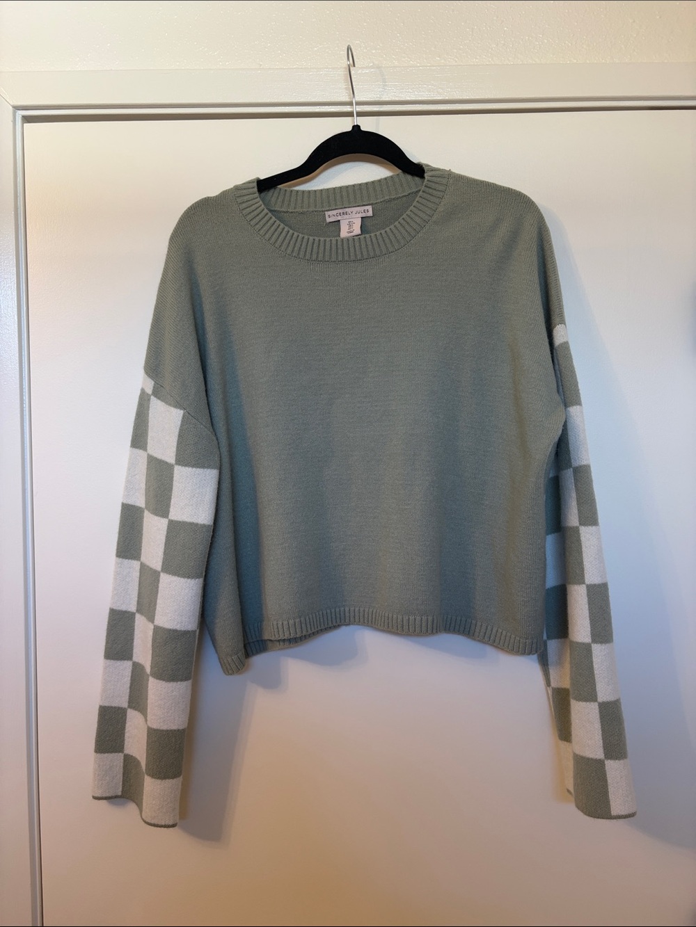 Sincerely Jules Sage Sweater with Checkered Arms